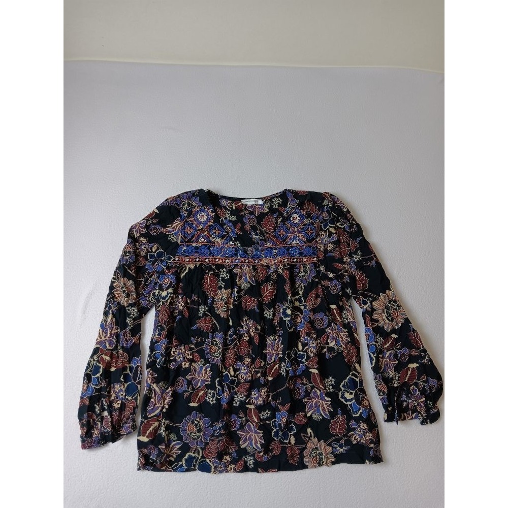 Beachlunchlounge Boho Floral Embroidered Peasant Blouse Navy Bell Sleeve Top L